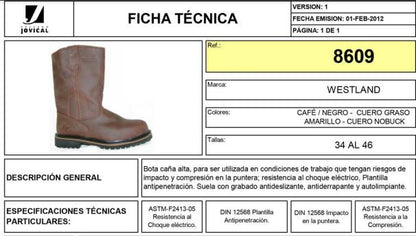 Bota campera dieléctrica punta composite marca Westland Talla: 43