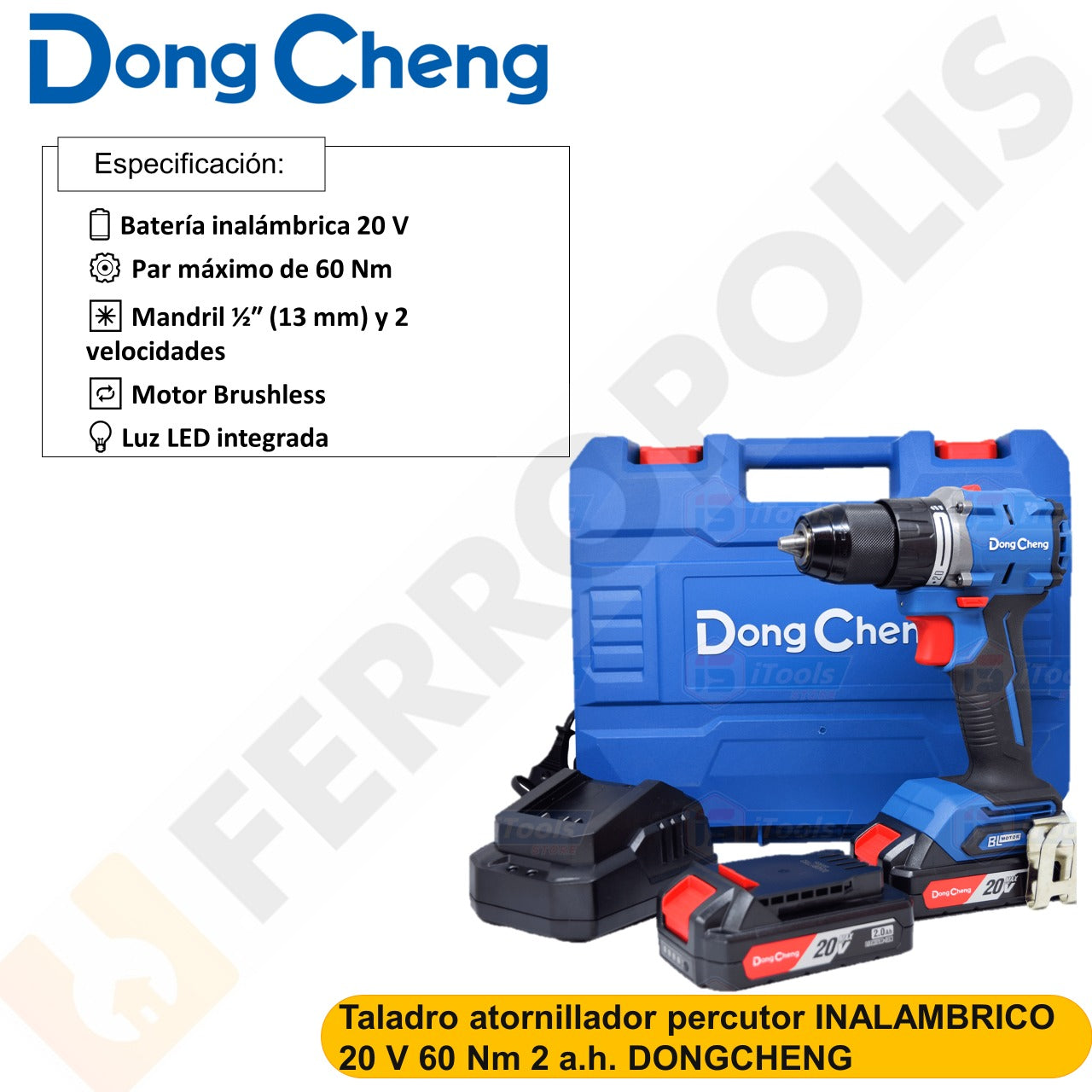 Taladro atornillador percutor INALAMBRICO 20 V 60 Nm 2 a.h. DONGCHENG