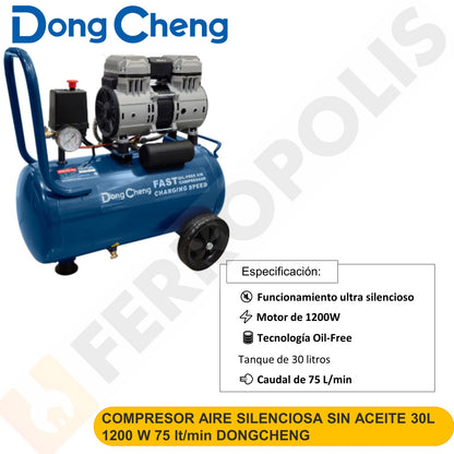 COMPRESOR AIRE SILENCIOSA SIN ACEITE 30L 1200 W 75 lt/min DONGCHENG