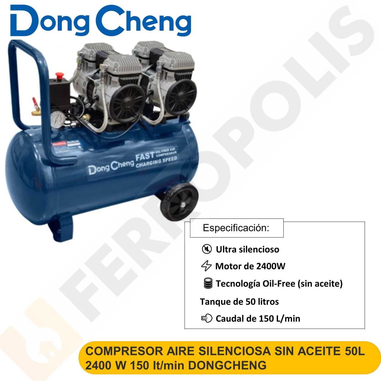 COMPRESOR AIRE SILENCIOSA SIN ACEITE 50L 2400 W 150 lt/min DONGCHENG