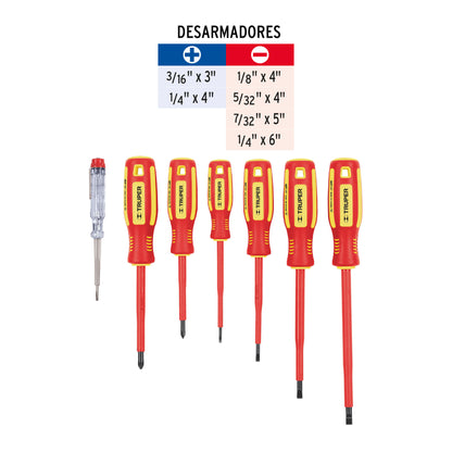 JUEGO 6 DESARMADORES DIELECTRICOS + 1 PROBADOR CORRIENTE " TRUPER "