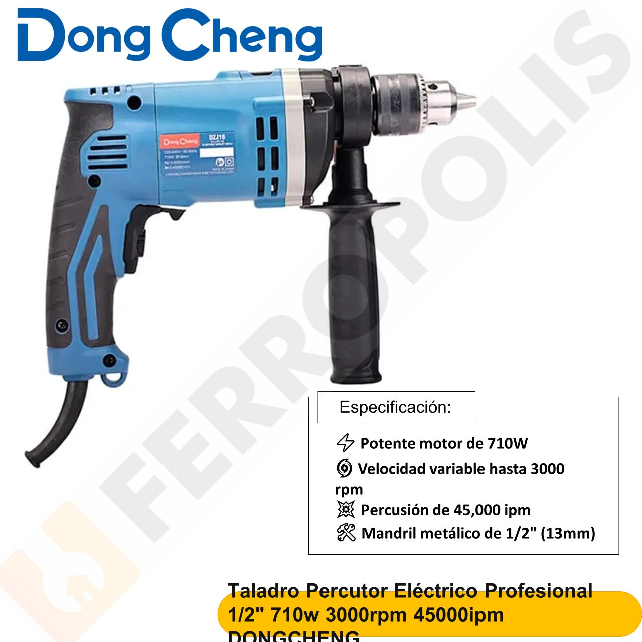 Taladro Percutor Eléctrico Profesional 1/2" 710w 3000rpm 45000ipm DONGCHENG
