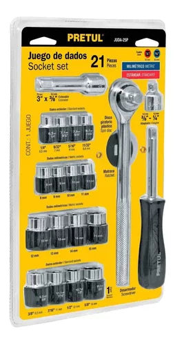 JUEGO DADO RATCHET 21 pzas "PRETUL"