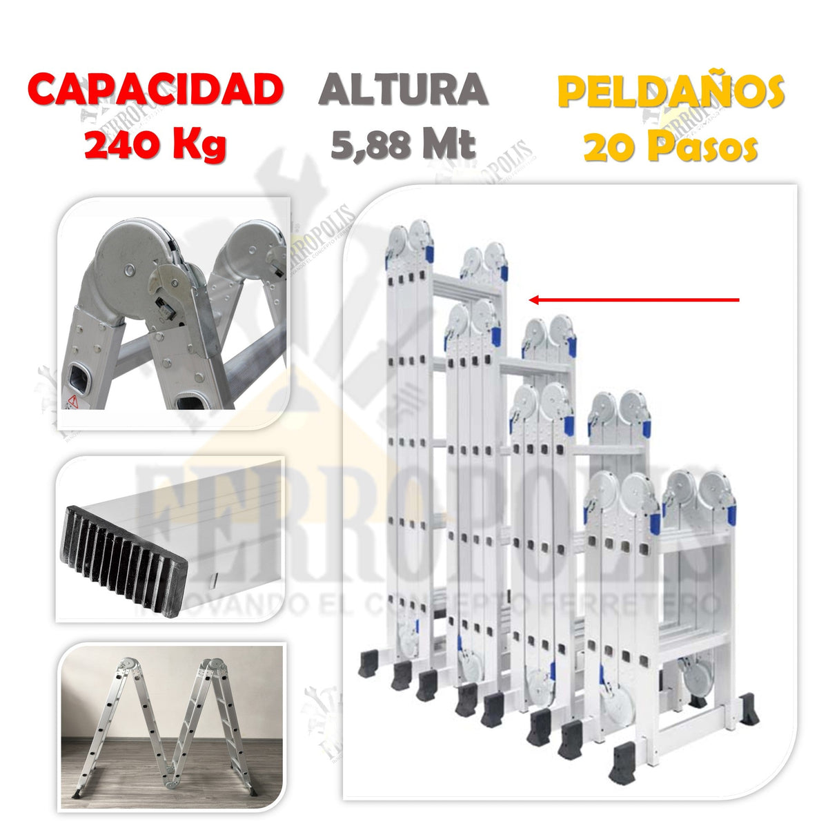 ESCALERA MULTIUSO MULTIPÓSICION 150 Kg - 20 Pasos ALUMINIO