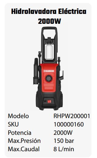 HIDROLAVADORA  ALTA PRESION  2000 W 150 bar 8 Lt/min RANKOR