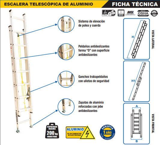 ESCALERA TELESCOPICA DE ALUMINIO 16 PASOS