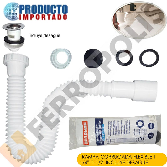TRAMPA CORRUGADA FLEXIBLE 1 1/4"- 1 1/2"  INCLUYE DESAGUE "HARMAN"