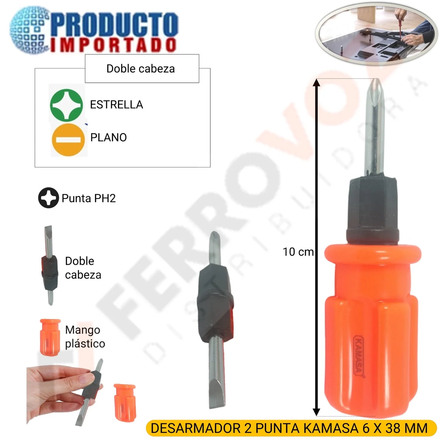DESARMADOR MINI MIXTO DE 2 PUNTAS 6 X 38MM " KAMASA "