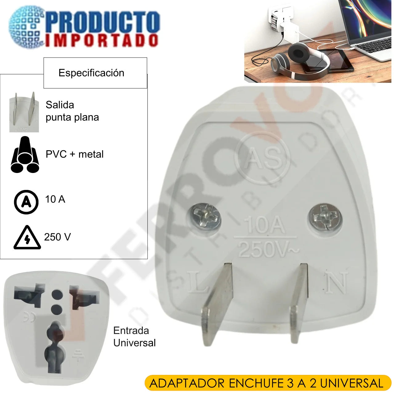 ADAPTADOR ENCHUFE 3 A 2 UNIVERSAL IMPORTADO