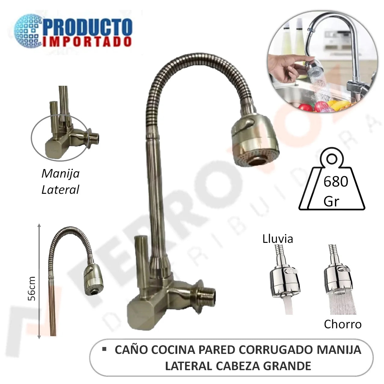CAÑO COCINA PARED CORRUGADO MANIJA LATERAL CABEZA GRANDE MATE PESADO "NIAGARA"