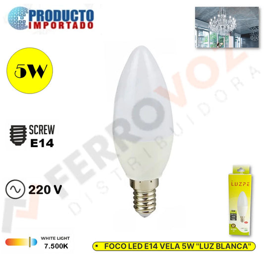 FOCO LED E14 VELA 5 W LUZ BLANCA " LUZPE "