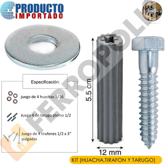 KIT (HUACHA,TIRAFON Y TARUGO) 5/16" x 3 " ( 4 piezas )