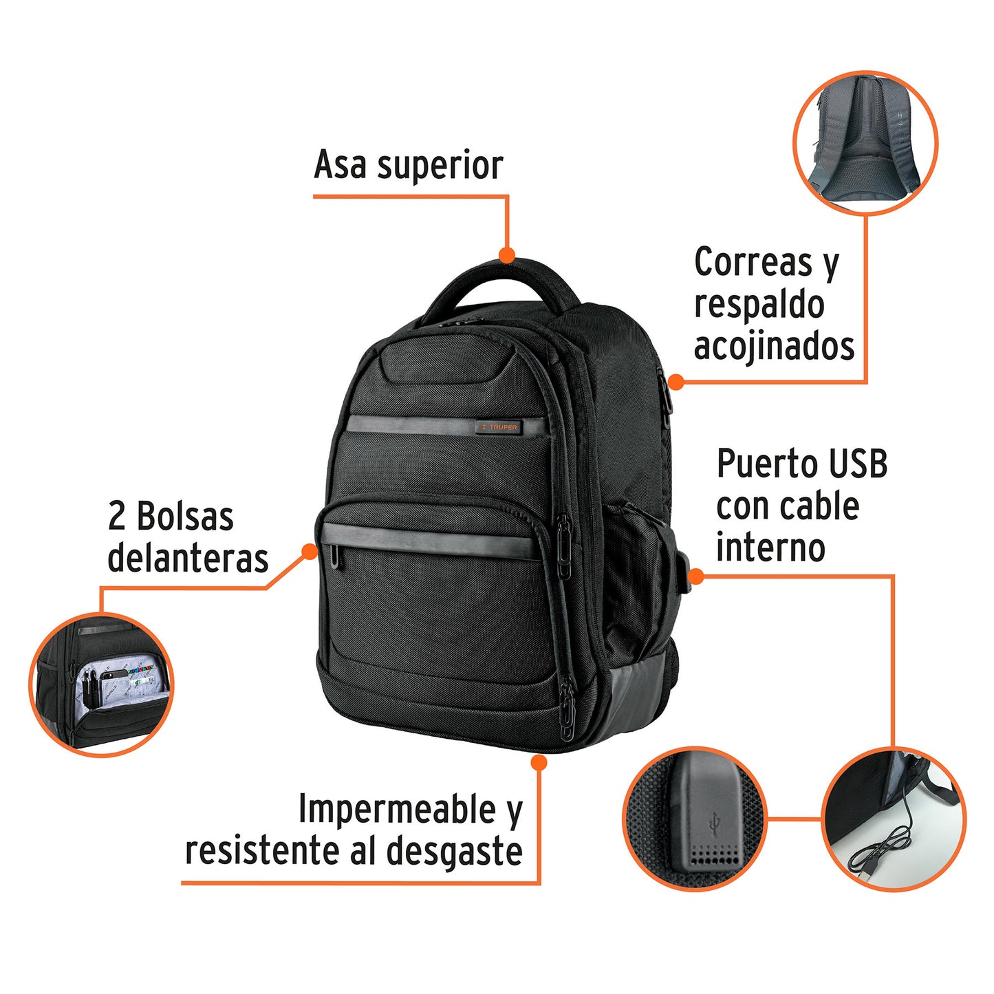 MOCHILA PORTA LAPTOP C/CARGADOR USB  "TRUPER"