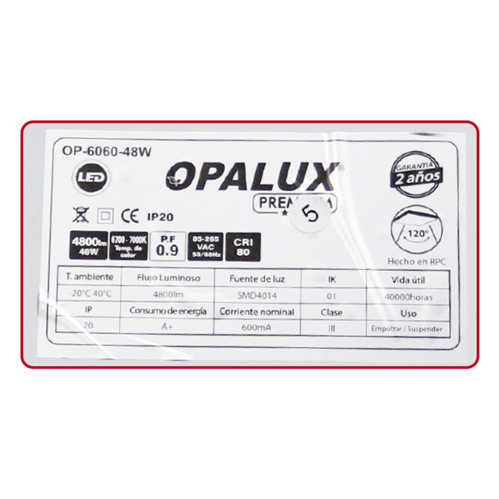 PANEL LED 60X60 48W"OPALUX" 4800LM FP.0.9, 6700-7000K 120° 85-265VAC