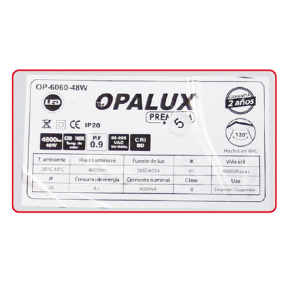 PANEL LED 60X60 48W"OPALUX" 4800LM FP.0.9, 6700-7000K 120° 85-265VAC