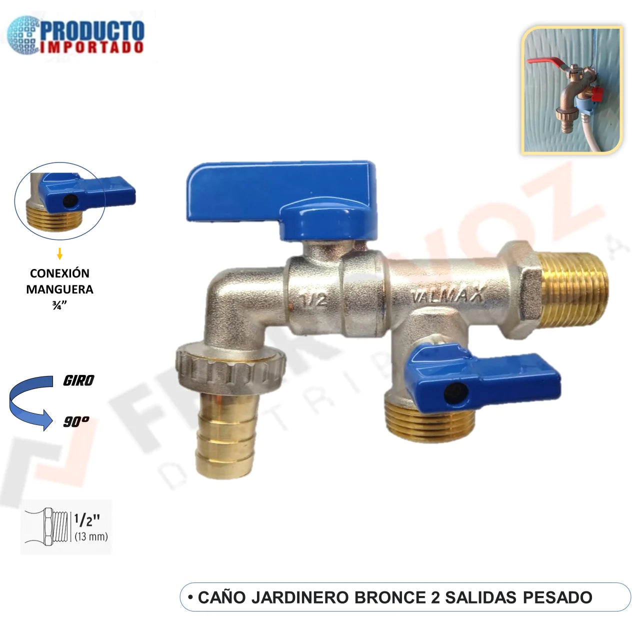 CAÑO JARDINERO 2 SALIDAS BRONCE PESADO "VALMAX"