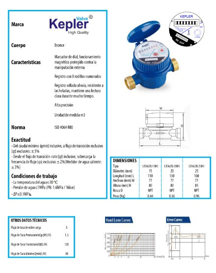 MEDIDOR AGUA 1" X 3/4" UNI CHORRO "KEPLER"
