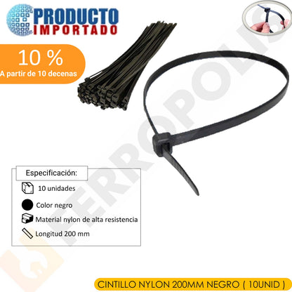 CINTILLO NYLON 200MM NEGRO ( 10UNID )