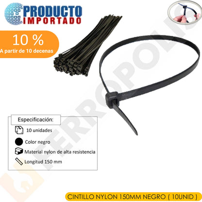 CINTILLO NYLON 150MM NEGRO ( 10UNID )