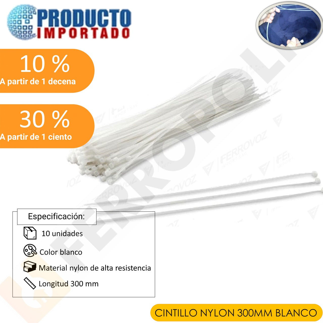 CINTILLO NYLON 300MM BLANCO ( UNID )