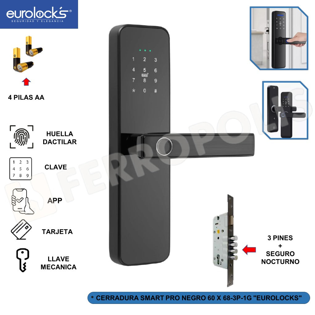 CERRADURA SMART PRO NEGRO 60 X 68-3P-1G "EUROLOCKS"