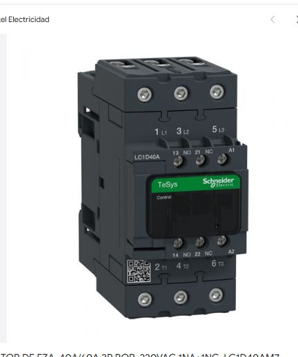 CONTACTOR FUERZA 40A/60A 3P BOB. 220VAC 1NA+1NC, LC1D40AM7, " SCHNEIDER-ELECTRIC "
