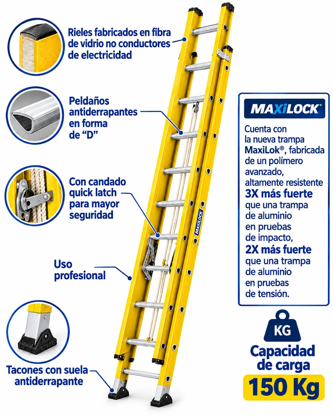 ESCALERA TELESCOPICA FIBRA VIDRIO 20 PASOS 150KG - 5.23MT