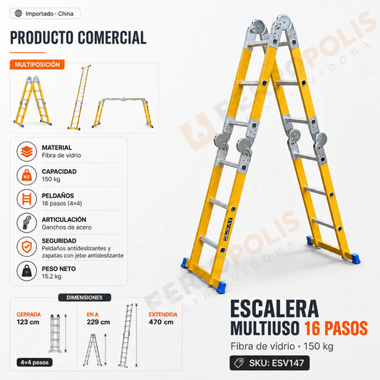 ESCALERA MULTIUSO MULTIPÓSICION 150 Kg 16 Pasos FIBRA VIDRIO