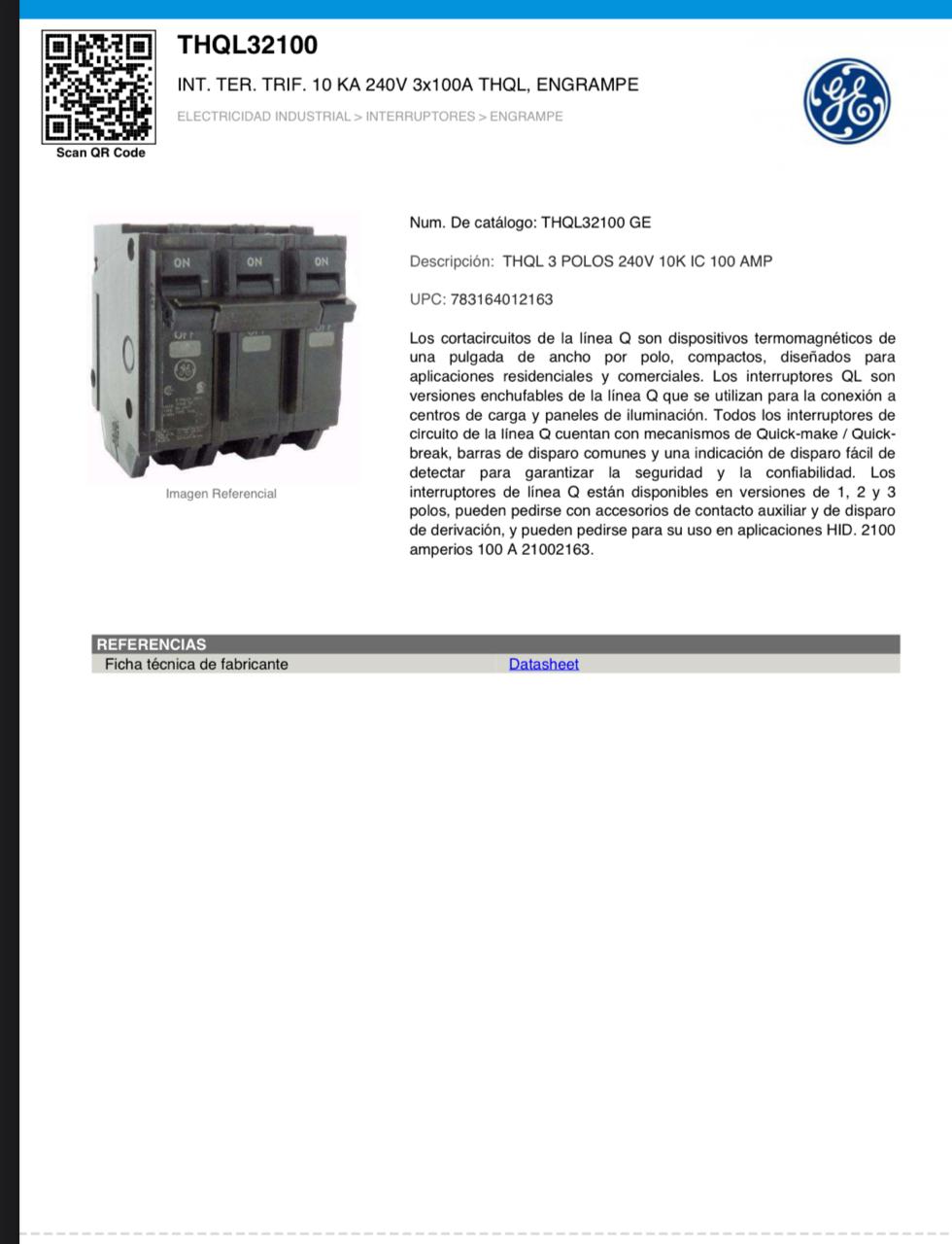 LLAVE TERMICA ENGRAMPE  NEGRO 3 x 100 "GENERAL ELECTRIC"