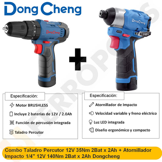 Combo Taladro Percutor 12V  35Nm 2Bat x 2Ah Brushless DCJZ23-10i + Atornillador Impacto 1/4" 12V 140Nm 2Bat x 2Ah Brushless DCPL04-8EK Dongcheng
