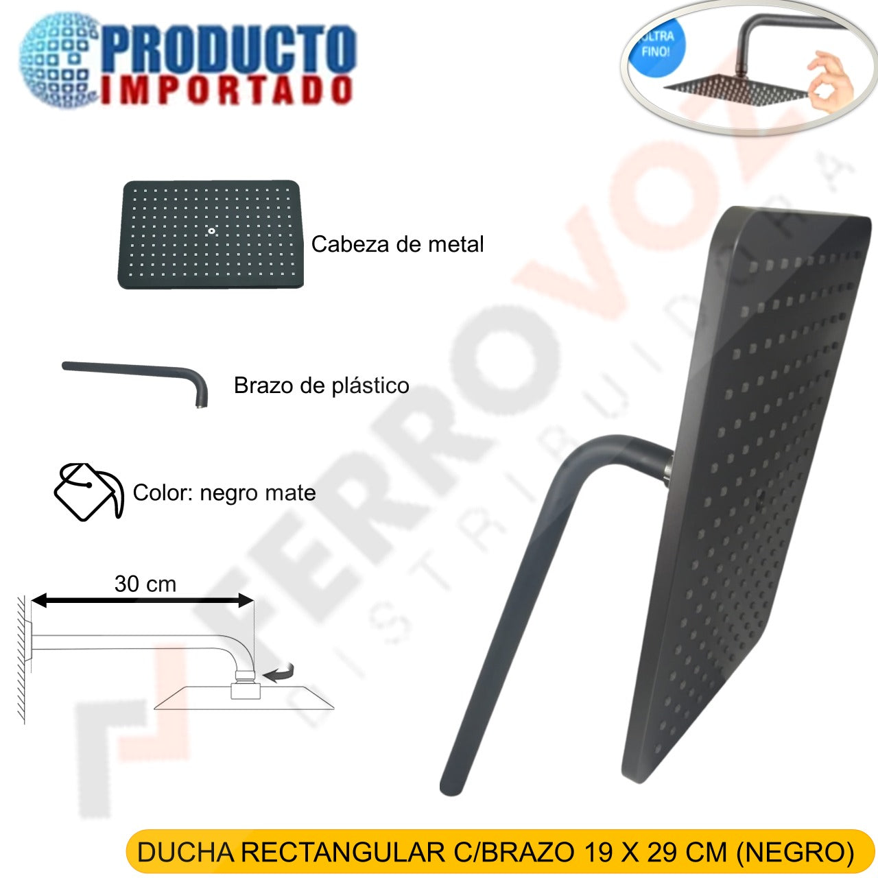 DUCHA RECTANGULAR C/BRAZO 19 X 29 CM (NEGRO)