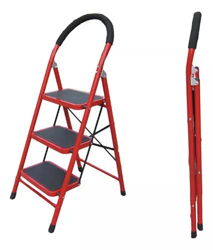 ESCALERA TIJERA 3 PASOS ROJA DOMESTICA FIERRO JEBE