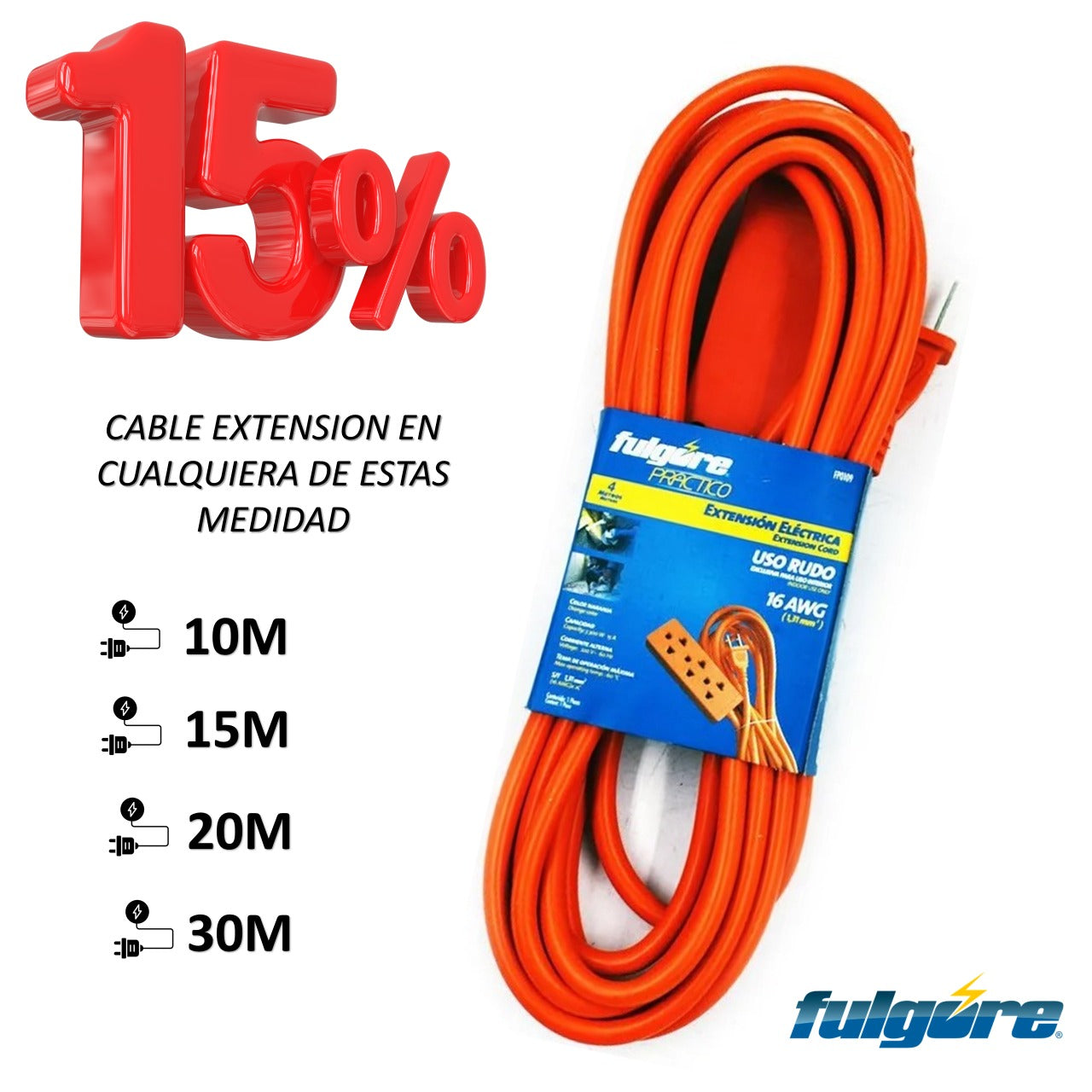 EXTENSION ELECTRICA NARANJA 15M FULGURE