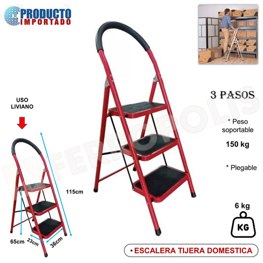 ESCALERA TIJERA 3 PASOS ROJA DOMESTICA FIERRO JEBE