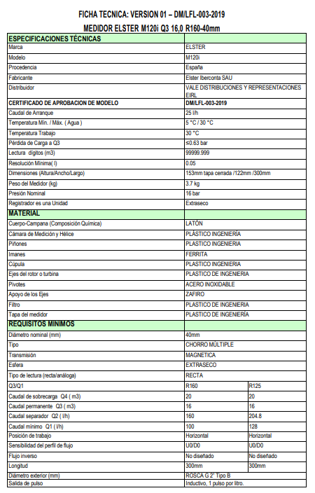 MEDIDOR  AGUA 2" x 1 1/2" EXTERIOR  M120i  "ELSTER" inc. Cert. homolgacion