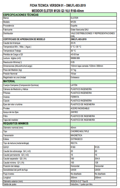 MEDIDOR  AGUA 2" x 1 1/2" EXTERIOR  M120i  "ELSTER" inc. Cert. homolgacion