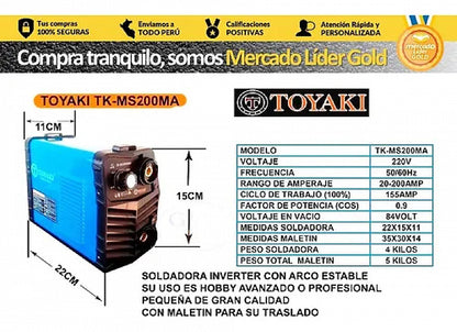 MAQUINA SOLDAR INVERSORA 200A "TOYAKI" INC. MALETA
