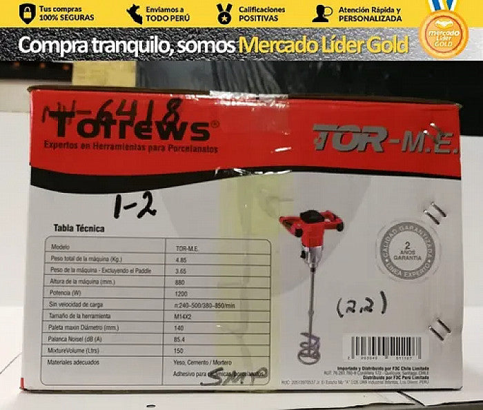 TALADRO MEZCLADOR CONCRETO PINTURA 1200 W "TORREWS"