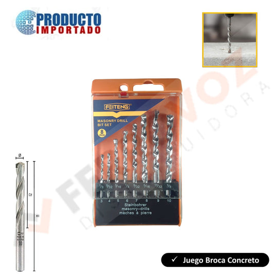 JUEGO BROCAS CONCRETO 1/8 A 3/8 USO RUDO (8 PCS)