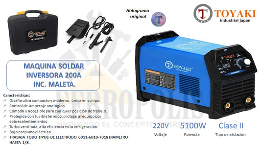 MAQUINA SOLDAR INVERSORA 200A "TOYAKI" INC. MALETA