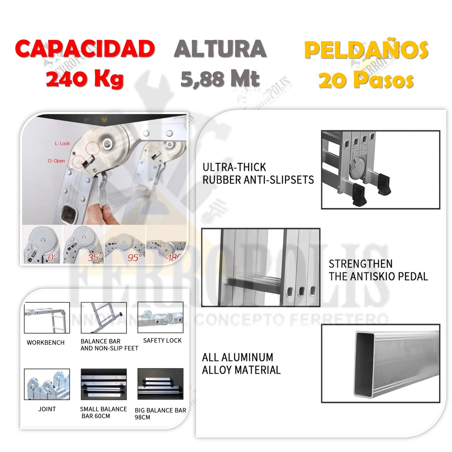 ESCALERA MULTIUSO MULTIPÓSICION 150 Kg - 20 Pasos ALUMINIO