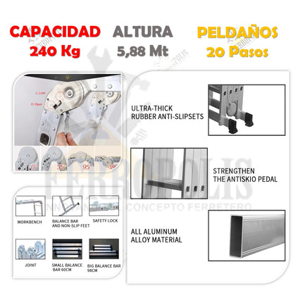 ESCALERA MULTIUSO MULTIPÓSICION 150 Kg - 20 Pasos ALUMINIO