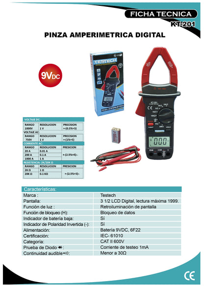 PINZA AMPERIMETRICA "TESTECH"  750 VDC 1000