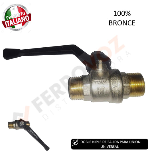 LLAVE PASO PESADO 1/2" 100% BRONCE DOBLE NIPLE "PRODUCTO ITALIANO"