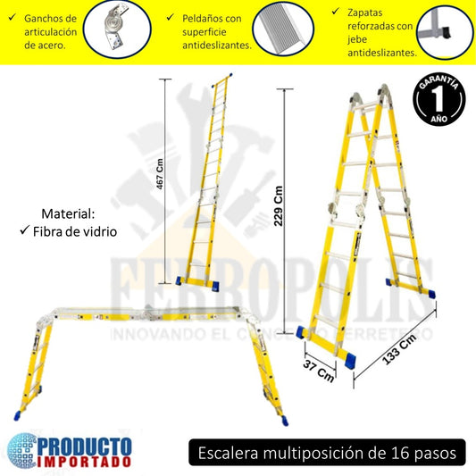 ESCALERA MULTIUSO MULTIPÓSICION 150 Kg 16 Pasos FIBRA VIDRIO