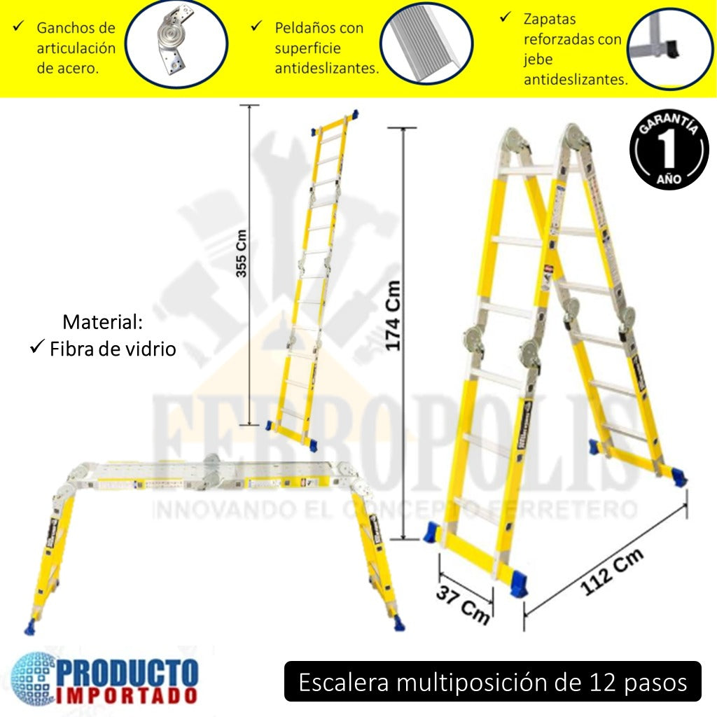 ESCALERA MULTIUSO MULTIPÓSICION 150 Kg 12 Pasos FIBRA VIDRIO