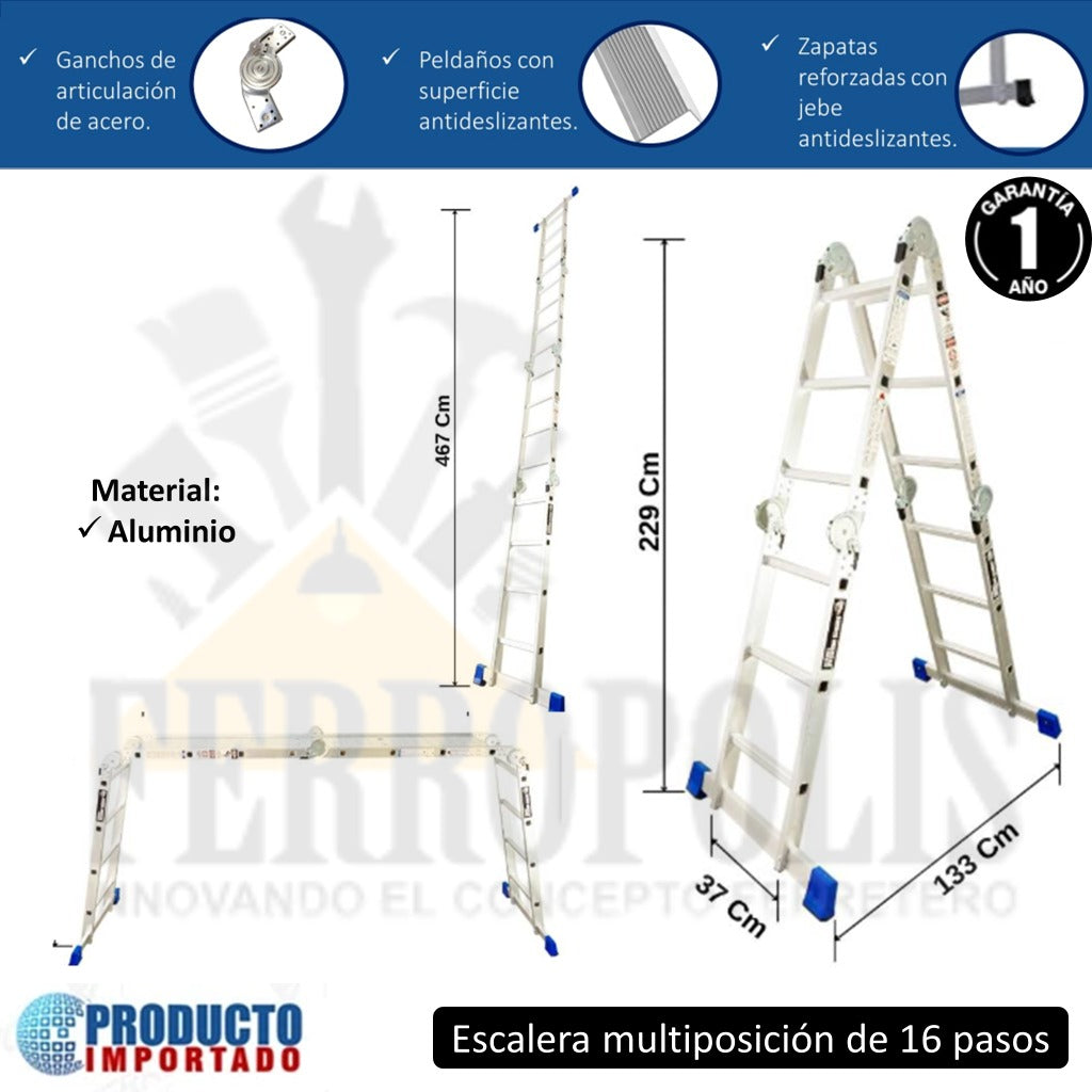 ESCALERA MULTIUSO MULTIPÓSICION 150 Kg 16 Pasos ALUMINIO