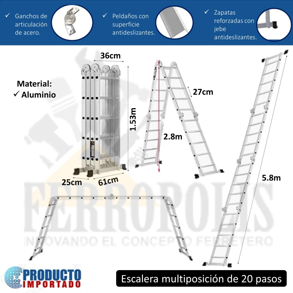 ESCALERA MULTIUSO MULTIPÓSICION 150 Kg - 20 Pasos ALUMINIO