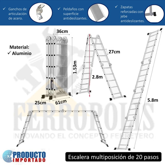 ESCALERA MULTIUSO MULTIPÓSICION 150 Kg - 20 Pasos ALUMINIO