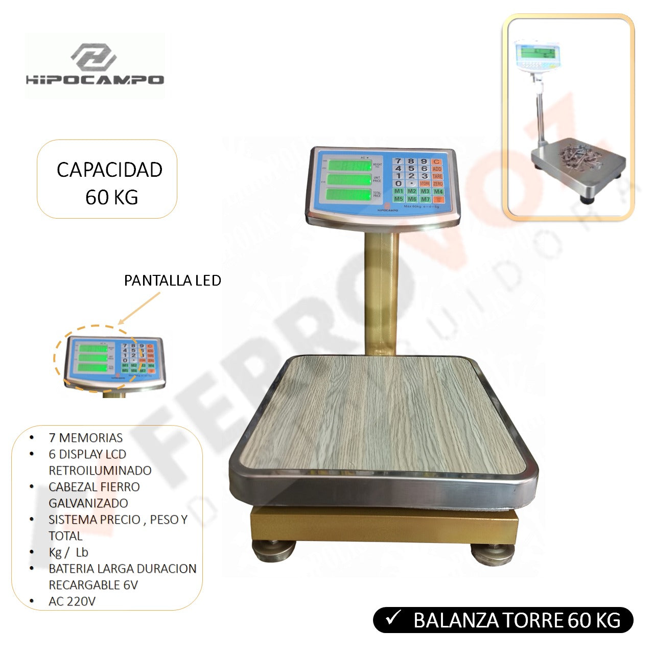BALANZA DIGITAL TORRE 60 Kg RECARGABLE USO RUDO